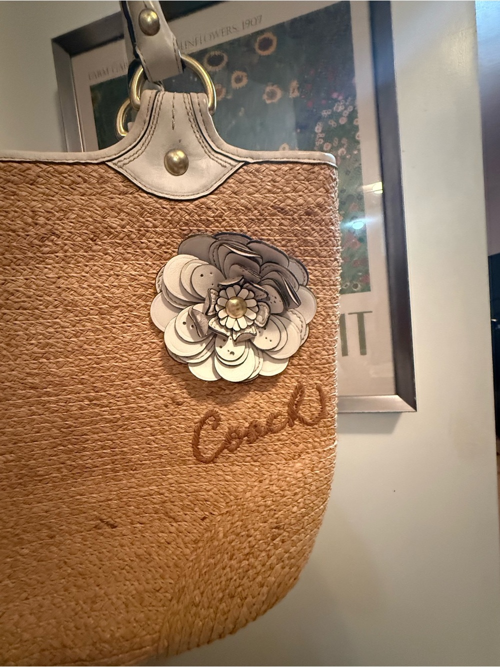 Coach Wicker and White Leather Tote - Picture 3 of 9